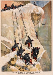 Rettung von 2 Soldaten des 97. Linienregiments, bei einer Grenzüberwachungsmission, Opfer einer Lawine, verursacht durch das Schmelzen des Frühlingsschnees. Gravur in „Le petit journal“ 14/05/1894. Sammlung Selva von Unknown artist