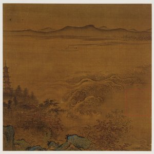 Flusslandschaft: eine Pagode, schäumende Stromschnellen, ferne Hügel von Unknown artist