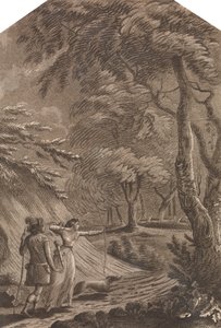 Robin Hood und Clarinda jagen Hirsche in einer bewaldeten Landschaft von Unknown artist