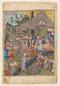 Königlicher Empfang in einer Landschaft, rechtes Folioblatt aus dem doppelten Frontispiz eines Shahnama (Buch der Könige) von Firdausi (Persisch, ca. 940–1019 oder 1025) (verso)