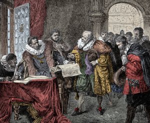 Rudolf II. gewährt den Majestätsbrief - Kaiser Rudolf II. von Österreich (1552-1612) gewährt 1609 den Majestätsbrief (Religionsfreiheit für das Königreich Böhmen) von Unknown artist