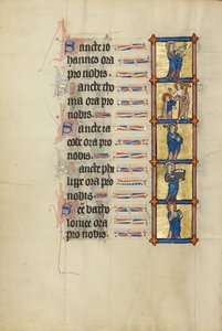 Johannes der Evangelist mit dem vergifteten Kelch; Der ungläubige Thomas; Heiliger Jakobus mit einem Buch und dem vergifteten Knüppel; Heiliger Philippus mit einem Brotkorb; Heiliger Bartholomäus mit einem Buch