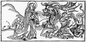 Heilige Martha und die Tarasque - Gravur aus „Leben der Heiligen - Sommerteil“ (Das Buch der Heiligen) von Jacobus (James) von Voragine (1228-1298). Lübeck 1488. von Unknown artist