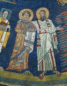 Die heilige Praxedis und der heilige Paulus (Detail). Anonymes Mosaik um 830. Triumphbogen der Basilika Santa Prassede, Rom