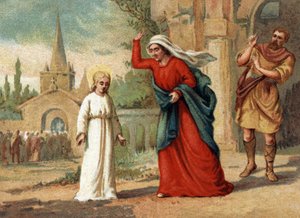 Sainte Genevieve (422-502), Schutzpatronin von Paris, misshandelt von ihrer Mutter. Chromolithographie um 1890