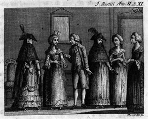 Szene 11 des 2. Akts des Lustspiels „I rustici“ (Die Rustikalen) (1760) von Carlo Goldoni (1707-1793). Gravur aus dem 18. Jahrhundert