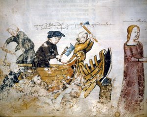 Szene des Schiffbaus im 13. Jahrhundert