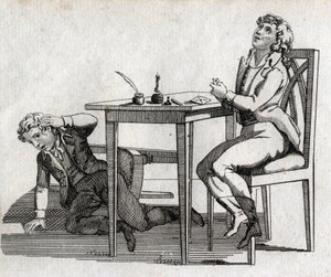 Schüler an einem Tisch mit Tintenfass. Gravur späte 18. Jahrhundert. Private Sammlung.