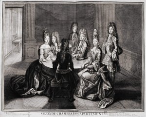 Zweiter Raum der Appartements (Versailles): 1. Monsignore, 2. Madame Prinzessin von Conty Witwe, 3. Monsieur der Herzog von Bourbon, 4. Madame die Herzogin von Bourbon, 5. Monsieur de Vendôme, Großprior von Frankreich. Gravur von Trouvain, frühes 18. Jahrh von Unknown artist