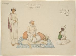 Shah Inayat Allah von Sind mit seinem Musiker Makkhu und seinem Begleiter Shaykh Qiyam al-Din, Seite aus dem Fraser Album von Unknown artist