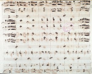 Notenblatt für die erste Violine in der Eröffnung von Mithridate, König von Pontus, Oper von Mozart (1770)