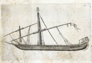 Seitenansicht einer Galeere. Gravur des 18. Jahrhunderts