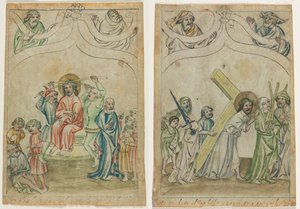 Einzelblatt aus einer "Biblia Pauperum": Christus mit Dornenkrone (recto) Christus trägt das Kreuz (verso) von Unknown artist