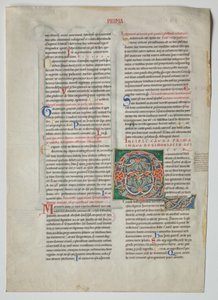 Einzelblatt aus einem Dekret von Gratian: Verzierte Initiale Q[uidam habens filium obtulit] und vierfache Arkade mit Übereinstimmung der griechischen und lateinischen Alphabete