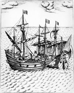 Sir Francis Drakes „Golden Hind“ (1540-1596) erobert das spanische Schiff „Nuestra Senora de Conception“, bekannt als „Cacafuego“ im Jahr 1579 vor Ecuador. Gravur aus dem 16. Jahrhundert.
