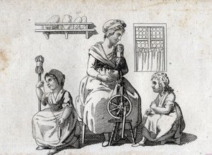 Spinnen: Mutter und ihre Töchter spinnen Wolle. Die Frau benutzt ein Spinnrad und ihre Tochter benutzt eine Rohrkolben. Gravur aus dem späten 18. Jahrhundert. Private Sammlung. von Unknown artist