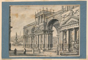 Bühnenbild, Kolonnade und Brunnen von Unknown artist