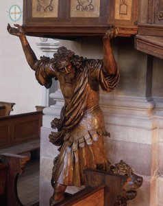 Statue von Samson unter der Kanzel der Abteikirche von Ebersmunster, Elsass.