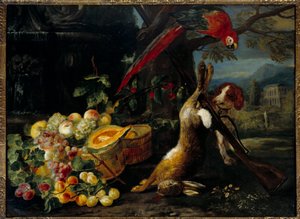 Stillleben mit Wild, Papagei und Früchten von Unknown artist