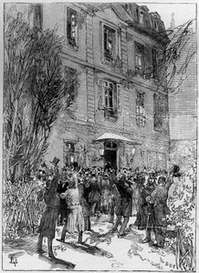 Studentendemonstration zu Ehren von Michel Eugène Chevreul (1786-1889) im Jardin des Plantes in Paris. Gravur in „Die illustrierte Welt“ 1885.
