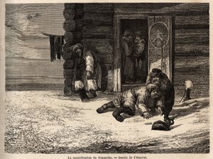 Sonntagsheiligung mit Kümmellikör, Arbeiter aus Dorpat. Zeichnung von Henriet, zur Illustration seiner Reise in die russischen Ostseeprovinzen in den Jahren 1851-54. Gravur in „Le tour du monde“, herausgegeben von Edouard Charton von Unknown artist