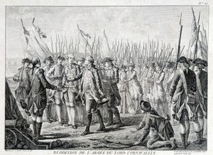 Kapitulation der britischen Armee von Lord Cornwallis (1738 - 1805) an Amerika am 19. Oktober 1781.