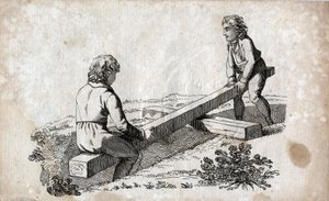 Schaukel: zwei Kinder auf einem Buttenband. Gravur aus dem späten 18. Jahrhundert. Private Sammlung.