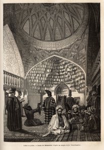 Tataren beim Gebet, in der Moschee von Schusha (Transkaukasien, Russland). Gravur zur Illustration der Reise in die Provinzen des Kaukasus, von Basile Vereschaguine, 1864-1865, veröffentlicht in „le tour du monde“, unter der Leitung von Edouard Charton, Ha