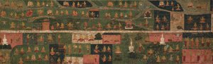 Tempelbanner mit Wallfahrtsorten und Szenen aus dem Svayambhu-purana (Alter Text des Ur-Buddha) von Unknown artist