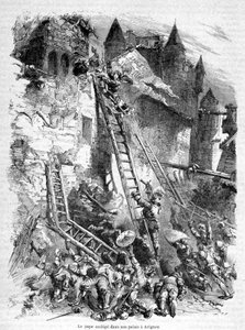 Der (Anti-)Papst (Benedikt XIII.) belagert in seinem Palast in Avignon (durch die Truppen von Papst Bonifatius IX.) - in „Geschichte der Päpste, Könige, Königinnen, Kaiser, durch die Jahrhunderte“ von Maurice Lachatre.
