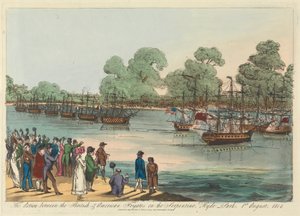 Die Aktion zwischen den britischen und amerikanischen Fregatten auf der Serpentine, Hyde Park, 1. August 1814