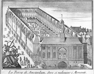 Die Amsterdamer Börse, wo sich die Kaufleute versammeln. Gravur des 18. Jahrhunderts