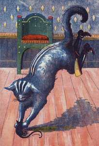 Die Katze stürzt sich auf den in eine Maus verwandelten Oger. Illustration für „Der gestiefelte Kater“, Märchen von Charles Perrault (1628-1703), französischer Schriftsteller. Anonyme Illustration. Bild von Marcel Vagne, Jarville Nancy, undatiert (spätes 1