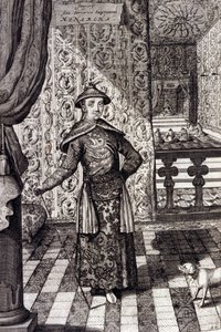 Der chinesische Kaiser und oberste Herrscher der Tartaren - Chinesischer Kaiser Kangxi (1652-1722) Qing-Dynastie, Gravur von Athanasius Kircher (1601-1680) aus „China Monumentis, qua sacris qua profanis“ 1667 - Chinesischer Kaiser Kangxi (1652-1722) Qing-D von Unknown artist