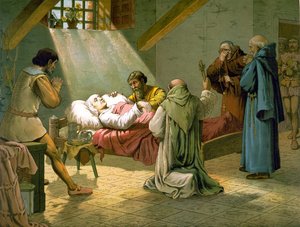 Der Tod von Christoph Kolumbus am 20/05/1506. Farbige Gravur aus dem 19. Jahrhundert von Unknown artist