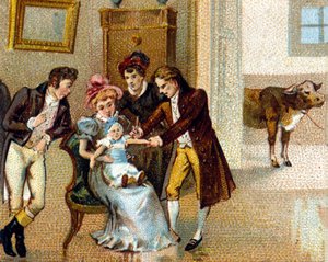 Der englische Arzt Edward Jenner (1749-1823) impft Pocken in den Arm eines Neugeborenen. Die Kuh, von der das Serum stammt, ist im Hintergrund. Chromolithographie aus dem 19. Jahrhundert.