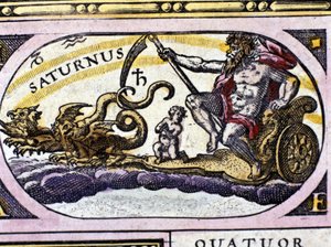 Der Gott Saturn (Kronos) auf einem von zwei Drachen gezogenen Wagen