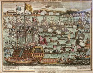 Die große Marineparade. Diese große Parade der britischen Marine fand am 24. und 25. Juni 1814 in Portsmouth in Anwesenheit des Prinzregenten und seiner königlichen Besucher statt, ca. 1814 von Unknown artist