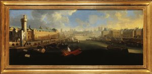 Die Grande Galerie des Louvre, mit der Porte Neuve, der Pont-Neuf, der Cité, dem Collège des Quatres-Nations im Bau und dem Quai Malaquais, um 1665, zwischen 1665 und 1670 von Unknown artist
