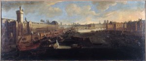 Die Grande Galerie des Louvre, mit der Porte Neuve, der Pont-Neuf, der Cité, dem Collège des Quatres-Nations im Bau und dem Quai Malaquais, um 1665, auf der Seine die königliche Galeere, heutige 1. und 6. Arrondissements, zwischen 1660 und