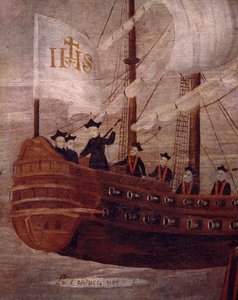Die Jesuiten kommen mit dem Schiff vor der Küste von Neugranada an