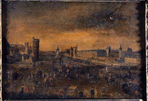 Der Pont-Neuf, gesehen vom Eingang zur Place Dauphine, dem Hôtel de Nevers, dem Tour de Nesle, der Grande Galerie, mit der Porte Neuve und dem Louvre, circa 1640, heutige 1. und 6. Arrondissements, zwischen 1635 und 1645