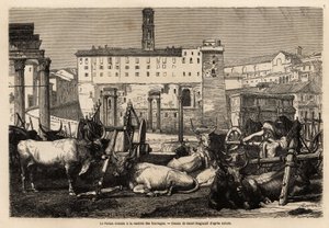 Das römische Forum hat die Miete von Futter, die Ochsen liegen inmitten von Karren und antiken Ruinen. Gravur zur Illustration der Reise nach Rom, von Francis Wey, veröffentlicht in „Le tour du monde“ 1869, herausgegeben von Edouard Charton, Edition Hachet