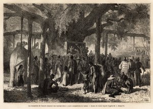 Die Annamiten der Garnier-Eskorte geben eine improvisierte Vorstellung für ihre Landsleute in Lakon (Laos), nachdem sie ein kleines Puppentheater am Fuße eines Banyanbaums mit einem riesigen Stamm aufgebaut haben. Gravur zur Illustration der Entdeckungsrei von Unknown artist