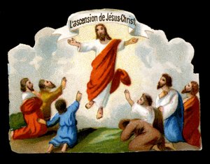 Die Himmelfahrt Christi zum Garten Gethsemane vor den Aposteln. Chromolithografie des 19. Jahrhunderts.