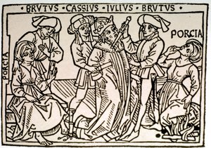 Die Ermordung von Julius Caesar (100-44 v. Chr.): Er wird von Brutus und Cassius erstochen, während Porcia, die Frau von Brutus, verschwindet. Xylographie des 16. Jahrhunderts Rom, Biblioteca Vallicelliana von Unknown artist