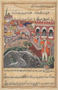 Der Beutel mit Gold, den er für die Sklavin erhielt, wird in einer Moschee gestohlen, der junge Mann aus Bagdad zerreißt seine Kleider und ist im Begriff, sich in den Tigris zu stürzen, aus einem Tuti-nama (Geschichten des Papageis): Achtundvierzigste Nach