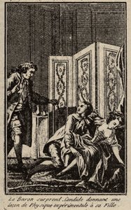 Der Baron überrascht Candide beim Erteilen einer Lektion in Experimentalphysik an seine Tochter. Frontispiz für „Candide“ von Voltaire