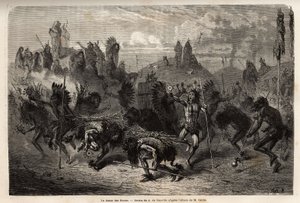 Der Bison-Tanz, aufgeführt von den Kriegern der Mandan-Indianer (oder noumah ka kie: Fasane) am linken Ufer des Missouri. Gravur zur Illustration eines Ausflugs unter die Indianerstämme der Becken von Kolumbien und Ober-Missouri, von G. Catlin, veröffentli