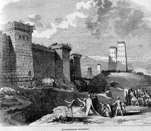 Die Eroberung Jerusalems durch Titus und seine Armee um 80 n. Chr. Stich aus dem 19. Jahrhundert. von Unknown artist
